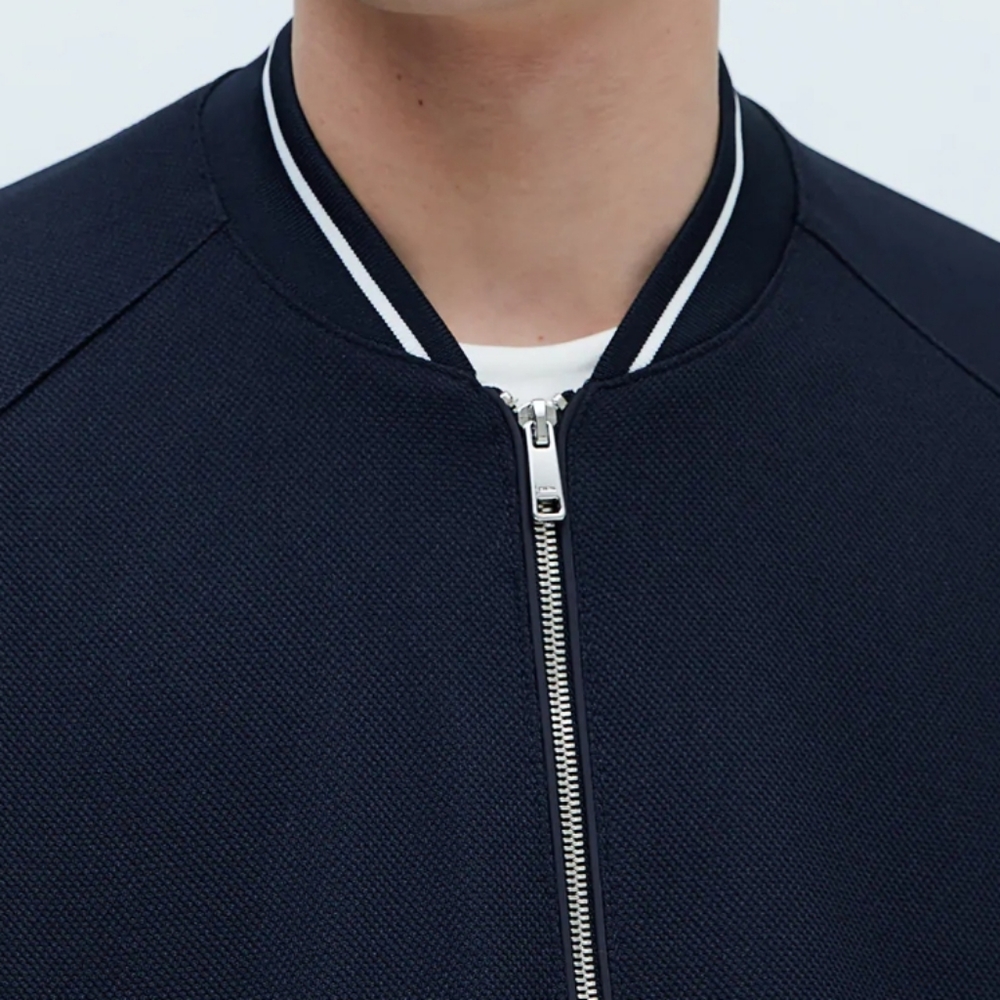 NWT Zara Men Piqué Bomber Navy Blue Jacket - Picture 3 of 5